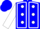 Blue, white dots, white seams on sleeves, blue cap