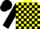 Yellow, black blocks, silver wolf on shield, black sleeves, black cap