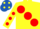 Yellow, large red spots, red spots on sleeves, royal blue cap, yellow spots