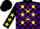 Black, purple blocks, yellow stars on black sleeves, yellow stars on black cap