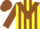 Yellow, brown triangular panel, brown stripes on sleeves, yellow and brown cap