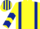 Yellow, dark blue braces, chevrons on sleeves, striped cap