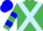 Emerald green, light blue cross sashes, two blue hoops on sleeves, green and blue cap