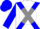 White, blue cross sashes, blue circled grey ball, white bars on blue sleeves, white and blue cap