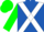 Royal blue, white cross sashes, kelly green sleeves, green cap