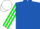 Royal blue, green and white striped sleeves, white cap