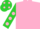 Bright pink, bright lime green sleeves, pink dots, lime cap, pink dots