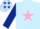 Light blue, pink star, dark blue sleeves, pink cap, dark blue stars
