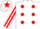 White, red spots, striped sleeves and star on cap