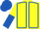 Yellow, royal blue seams, halved sleeves, royal blue cap