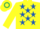 Yellow, royal blue stars, yellow sleeves, yellow & emerald green hooped cap