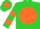Lime green, lime green 'l' on orange ball, orange bars on sleeves