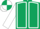 Dark green body, white seams, white arms, white cap, dark green quartered