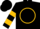 Black, gold 'h' in gold circle, gold hoops on sleeves, black cap