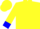 Yellow, blue arrowhead on back, blue cuffs