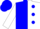 Blue and white halves, blue dots on white sleeves, blue cap
