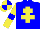 Blue body, yellow cross of lorraine, yellow arms, blue armlets, yellow cap, blue quartered