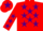 Red body, purple stars, red arms, purple stars, red cap, purple star