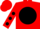 Red body, black disc, red arms, black spots, red cap, black hooped