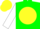 Green body, yellow disc, white arms, yellow cap