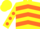 Yellow, green and orange chevrons,  orange dots on sleeves, yellow cap
