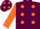 Maroon, orange spots, orange sleeves, orange spots on cap