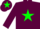 Maroon body, green star, maroon arms, green hooped, maroon cap, green star