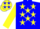 Blue body, yellow stars, yellow arms, yellow cap, blue stars