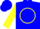 Blue, yellow 'c' in yellow circle, yellow sleeves, blue cuffs