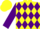 Yellow body, purple diamonds, purple arms, yellow cap