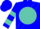 Blue, blue 'jlf' on turquoise ball, turquoise sash, turquoise bars on sleeves