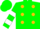 Green, gold dots, white bars on sleeves, green cap