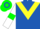 Royal blue, yellow chevron, white sleeves, green armlets, white cap, green hoop