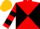 Red and black diagonal quarters, red sleeves, black hoop, gold cap