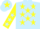 Light blue, yellow stars, yellow sleeves, light blue stars, light blue cap, yellow star