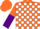 Orange and white blocks, orange and purple halved sleeves, orange cap