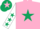 Pink body, dark green star, white arms, dark green stars, dark green cap, pink star