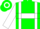 Green, white braces and 'mw', white hoop on sleeves