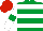 Emerald green, white hoops, white sleeves, emerald green armlets, red cap