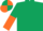 Dark green, orange halved sleeves, dark green and orange quartered cap