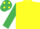Yellow, emerald green sleeves, emerald green cap, yellow spots