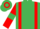 Emerald green, red braces, red sleeves, emerald green armlets, hooped cap