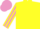 Yellow body, yellow arms, mauve striped, mauve cap