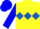 Yellow, royal blue diamond hoop, blue sleeves, yellow diamond seam, blue cap