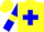 Yellow body, blue cross belts, blue arms, yellow armlets, yellow cap