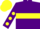 Purple, Yellow hoop, Purple sleeves, Yellow spots, Yellow cap