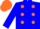 bright blue, orange spot, orange spots on bright blue sleeves, orange cap