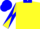 Yellow, sovereign blue collar and emblem, yellow and blue diagonally quartered sleeves, yellow and blue cap