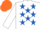 White, royal blue stars, orange cap