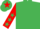 Emerald green, red sleeves, emerald green stars, emerald green cap, red star